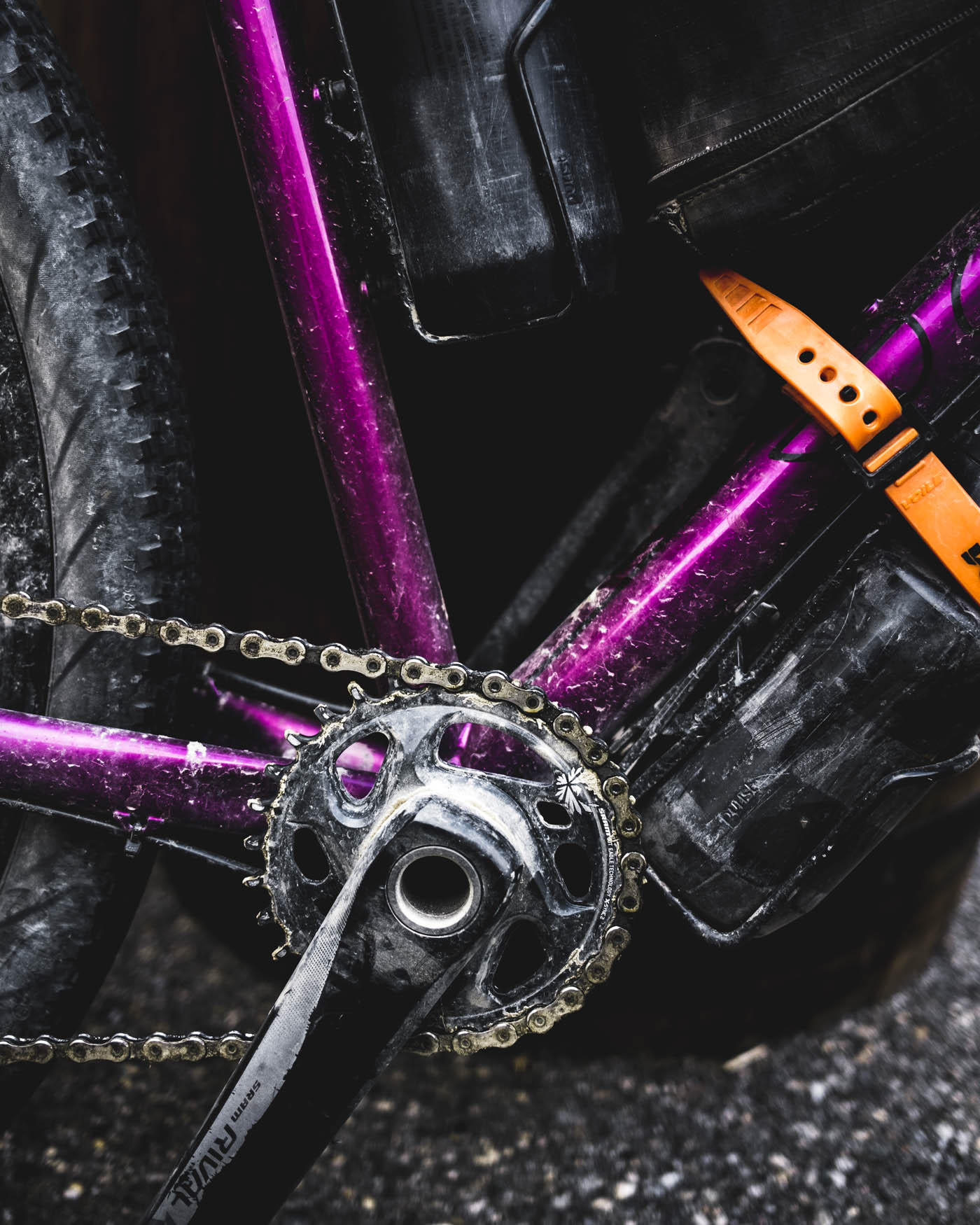 The dusty chainring and chain of my gravel bike
